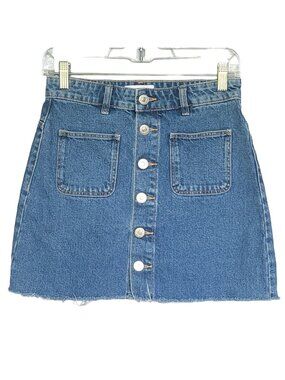 Zara Denim Mini Skirt Button Front Raw Hem Patch Pockets High Waist Y2K. Size S